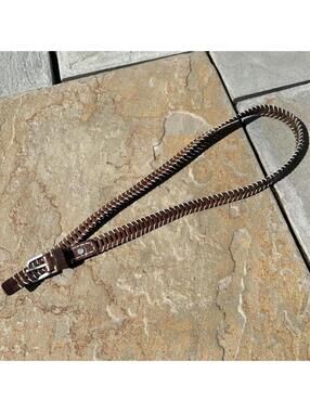 Y2K Brown Leather Woven Stitch Design Western Patina Belt